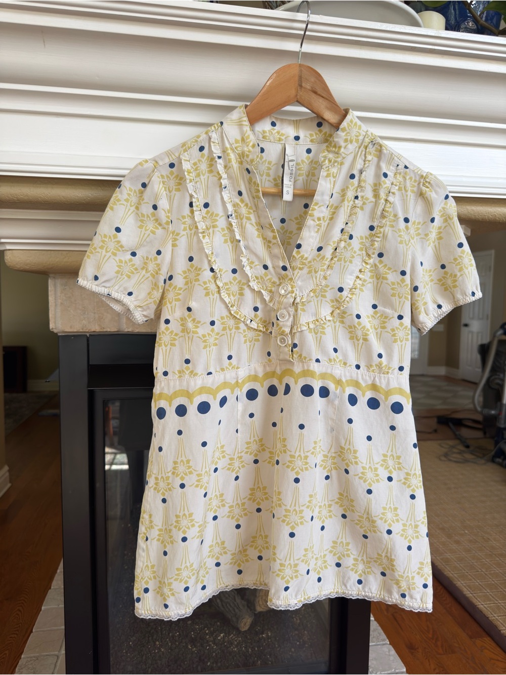 Fossil Silk Cotton Geometric V-Neck Y2K Blouse Size S